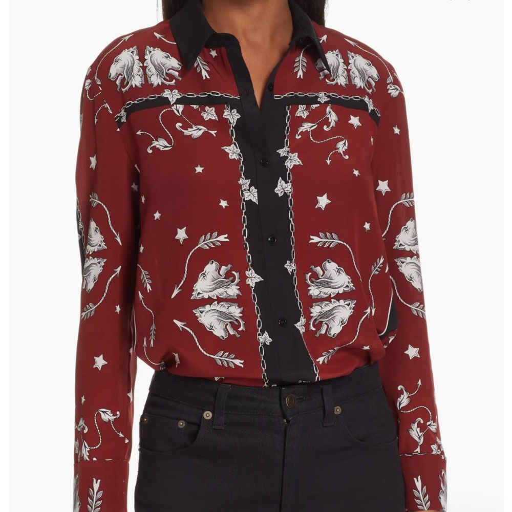 SANDRO Valentina Illustrated Silk Blouse In Burgundy S